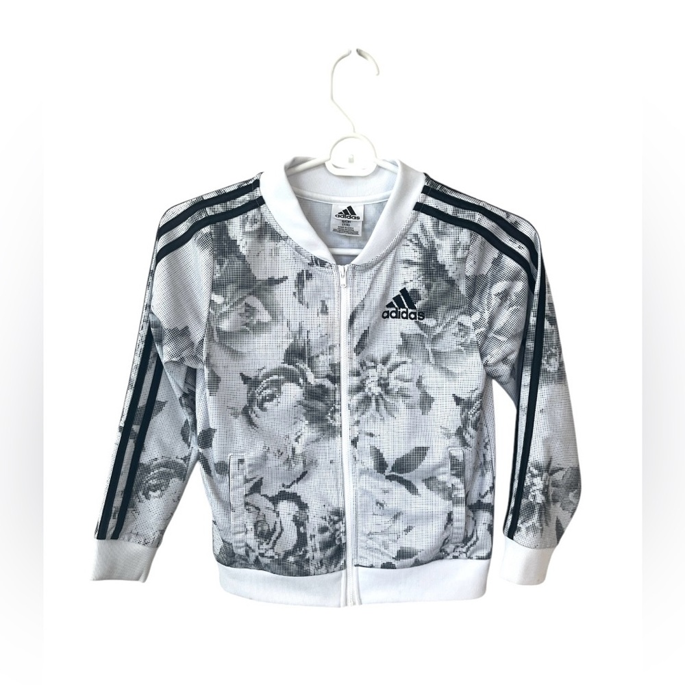 Adidas Youth Black and White Floral Track Zip Up Jacket Size 7/8